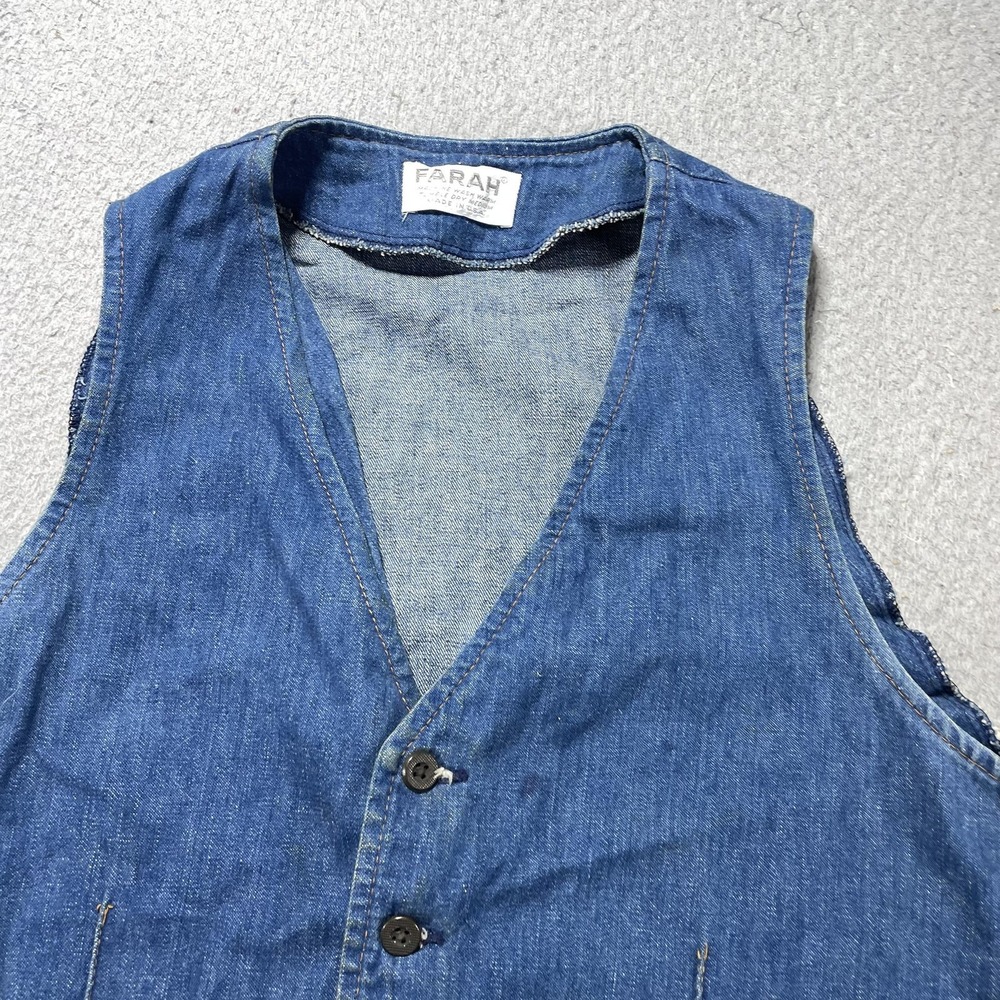 VTG 70s Farah Vest Women Large Blue Denim Button Front Made USA Collarless Biker - Picture 2 of 11